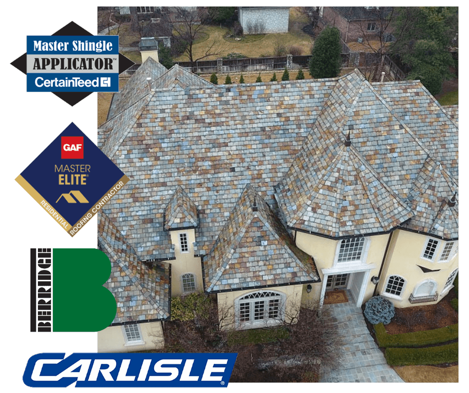 Completed RainTech Roofing project with product brand logos